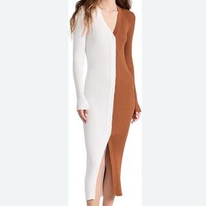 Staud Dress Shoko Colorblock Sweater Tan White Small Ribbed Midi V-Neck Neutral